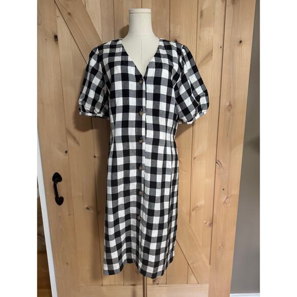 Loft | Black White Gingham Plaid Cotton Button Puff Sleeve Dress | Size 12T - Picture 1 of 14